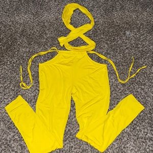 Yellow two piece pant set, cris cross bandeau top